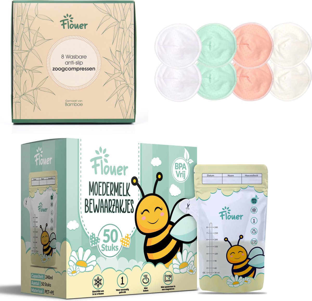 Flouer Kraampakket - 50 Moedermelk Bewaarzakjes - 8 Antislip Wasbare Zoogcompressen - Borstvoeding Zakjes - Borstcompressen - Kraamcadeau