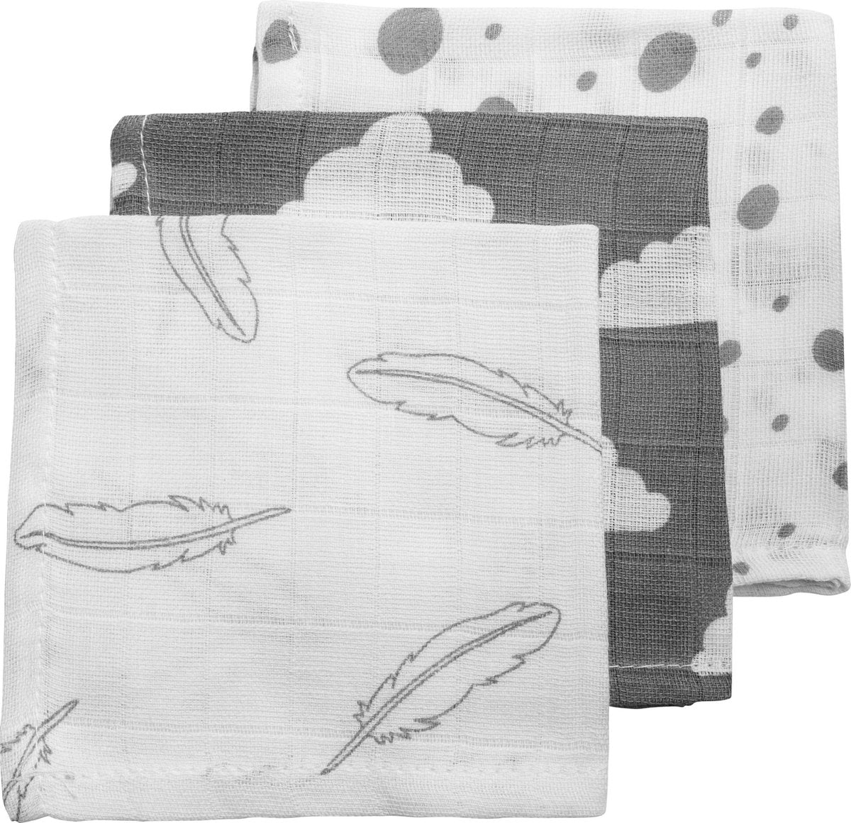 Meyco 3-pack hydrofiele monddoekjes - Feathers-Clouds-Dots - grijs/wit
