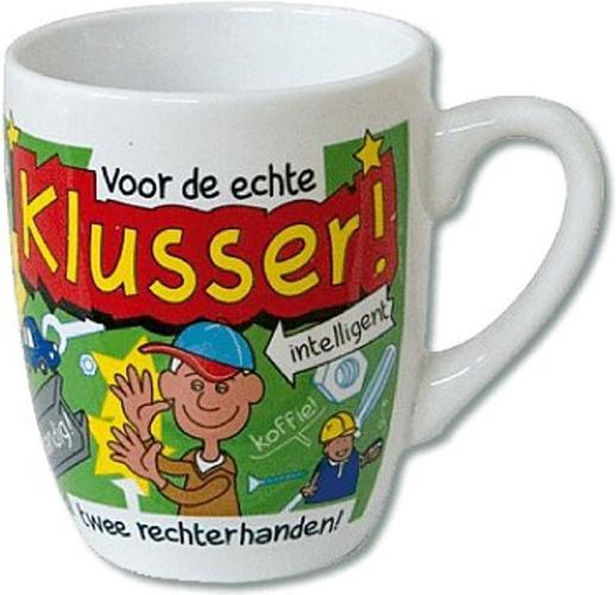 Mok - Cartoon Mok - Voor de echte Klusser - Gevuld met verpakte Italiaanse bonbons - In cadeauverpakking met gekleurd krullint