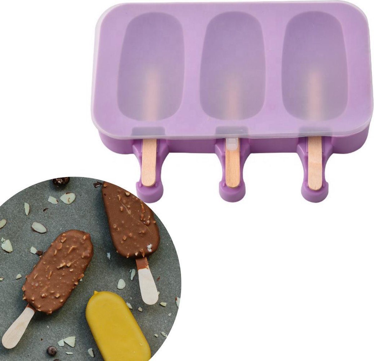 ZijTak - IJsjesvorm  + 50 gratis stokjes - Siliconen - 3 stuks - Pastel paars - Waterijs - Bakvorm - Fruitijs - Yoghurt ijs - ijslolly - Ijsjes - Zomer