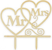 Bruiloftdeco - Houten taarttopper Mr & Mrs hartjes