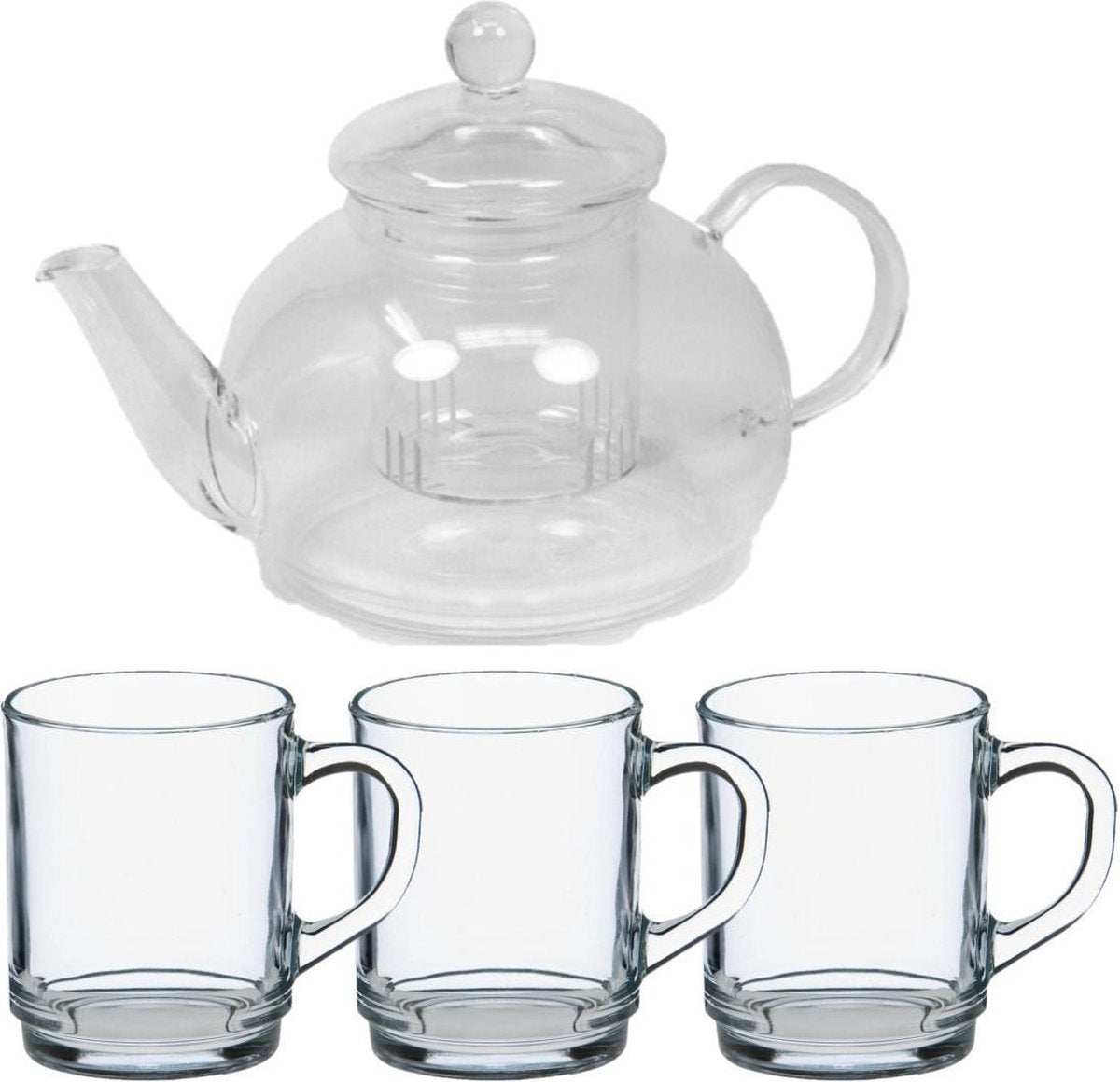 Glazen theepot met filter/infuser van 900 ml met 6x stuks theeglazen van 260 ml