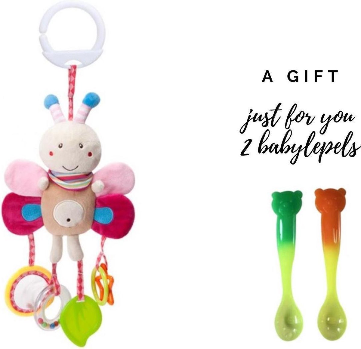 Zachte pluche knuffel baby Bij rammelaar - (tijdelijk 2 warmtegevoelige babylepels cadeau!) - Kraam cadeau - Baby rammelaar- Wandelwagen speelgoed