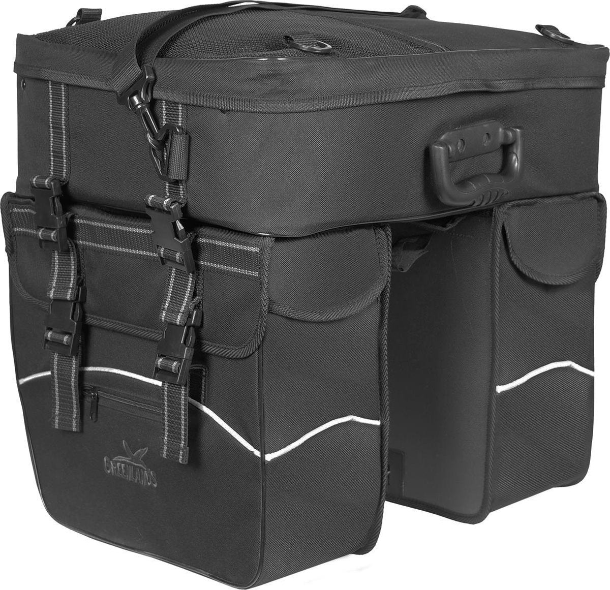 Dubbele fietstas Greenlands Touring 600D polyester 2x34 en 1x25 liter - zwart met reflectie