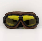 Retro bruin leren motorbril geel glas