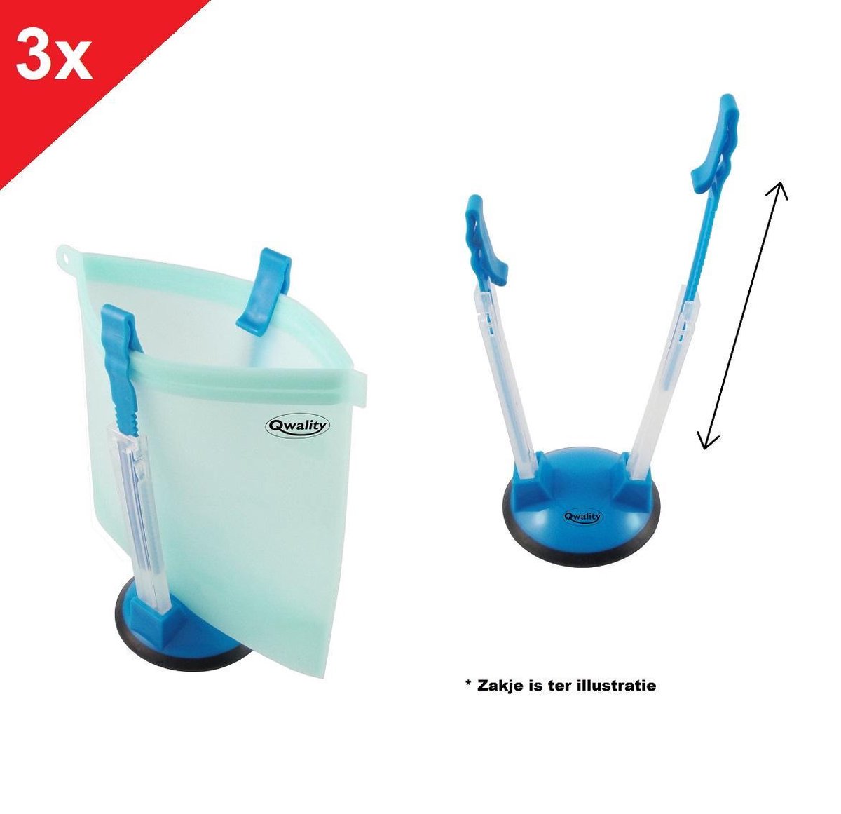 Qwality Zip Lock Zakjes Houder 3 PACK – Bag Holder – Houdt je zakjes open tijdens het vullen - Baggy Rack - Uitschuifbaar - Blauw/ Transparant