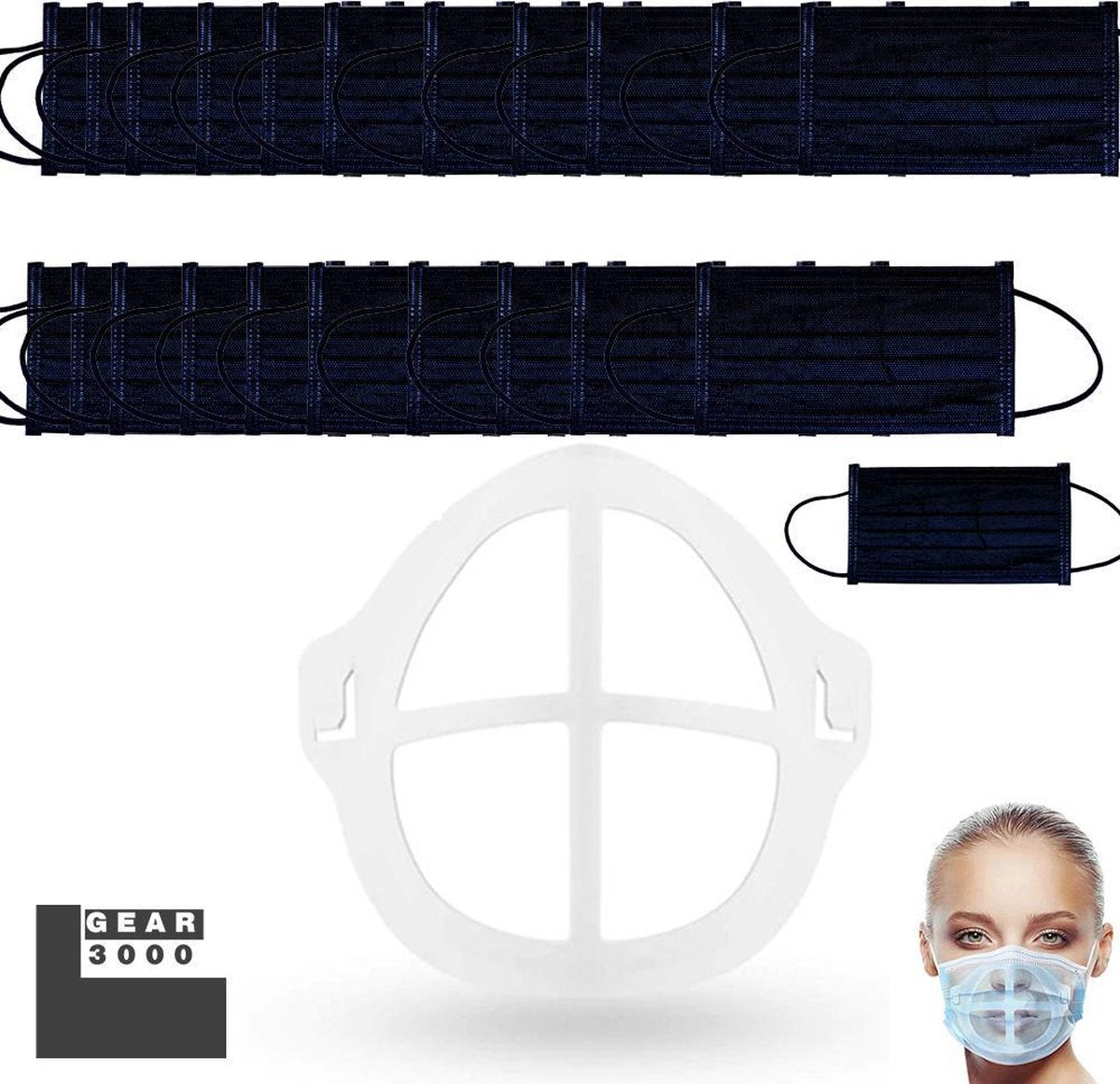 Bracket + 20 zwarte wegwerp mondkapjes - Innermask - Binnenmasker - GEAR3000®