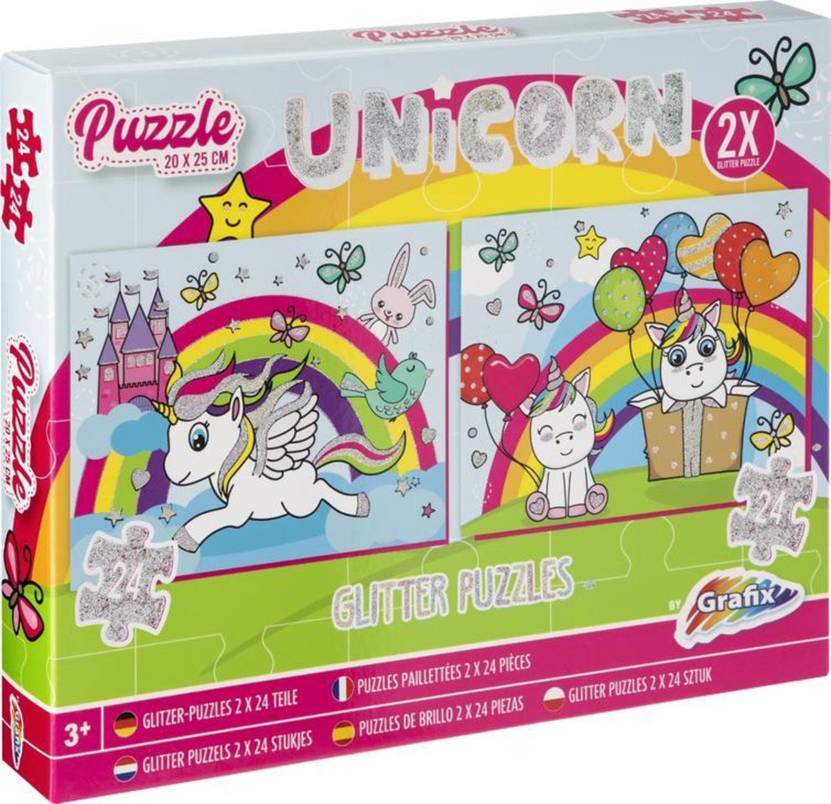 Grafix Unicorn puzzel - 2 glitter puzzels - 2 x 24 puzzelstukjes | Afmeting puzzels 20 x 25 cm | puzzel voor kinderen | vanaf 3 jaar
