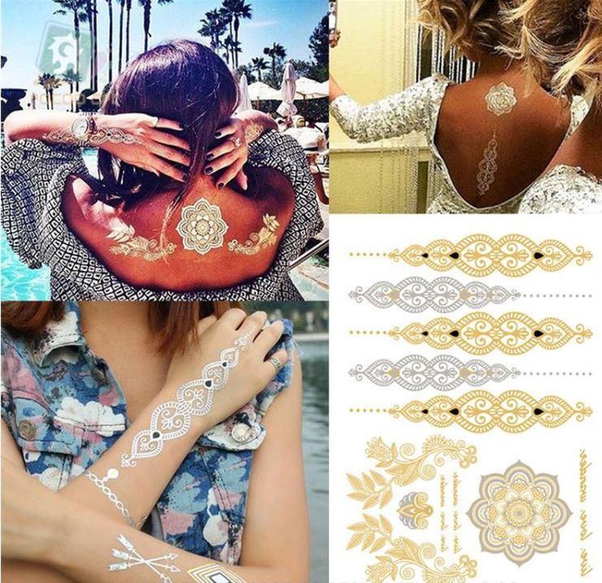 Plak Tattoos - Kleurrijke Metallic Tattoo - Body Choker - Tijdelijke Tatoeage - Festival Tatoes - Zomer feest tatoeage's - Tattoo - 1 vel India Gold