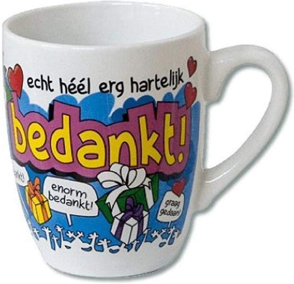 Mok - Cartoon Mok - Echt héél erg hartelijk Bedankt - Gevuld met een dropmix - In cadeauverpakking met gekleurd krullint