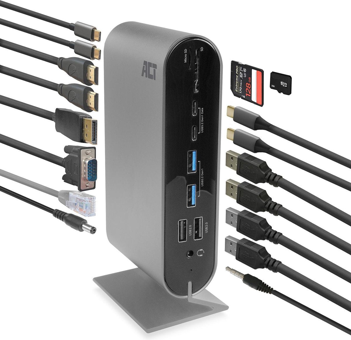 Docking station laptop 12 in 1 – 2 poort USB-C 100W PD – 4 poort USB 3.0 – Ethernet – Micro SD/SD kaartlezer - sluit 1 tot 2 monitors aan via HDMI/Displayport/VGA – ACT AC7045
