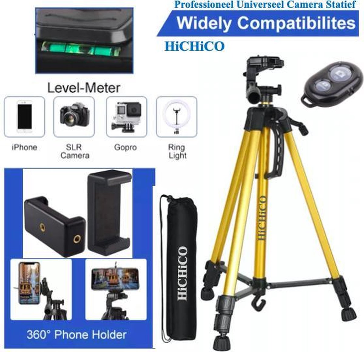 Professioneel Universeel Camera Statief  Met Handgreep en Hendel - Smartphone Tripod Goud - Inclusief Bluetooth Remote Shutter