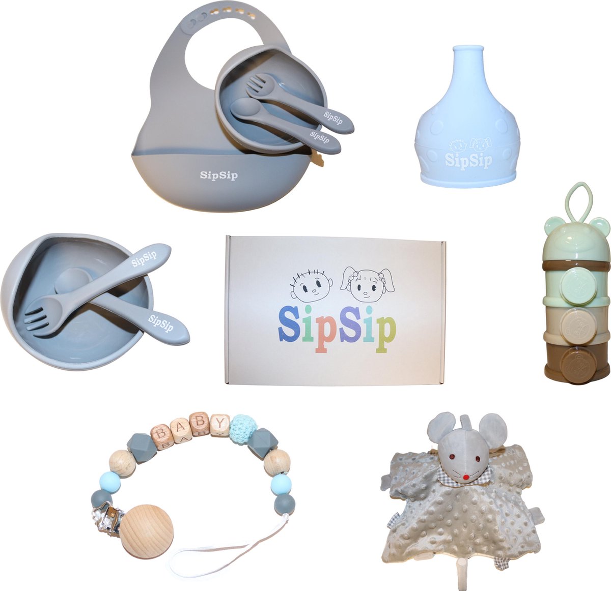 Baby Giftbox Set  Baby kraamcadeau Baby geschenkset  Jongens -Melkpoeder Toren - Babyvoeding  – Slabbetje  – Baby servies set
