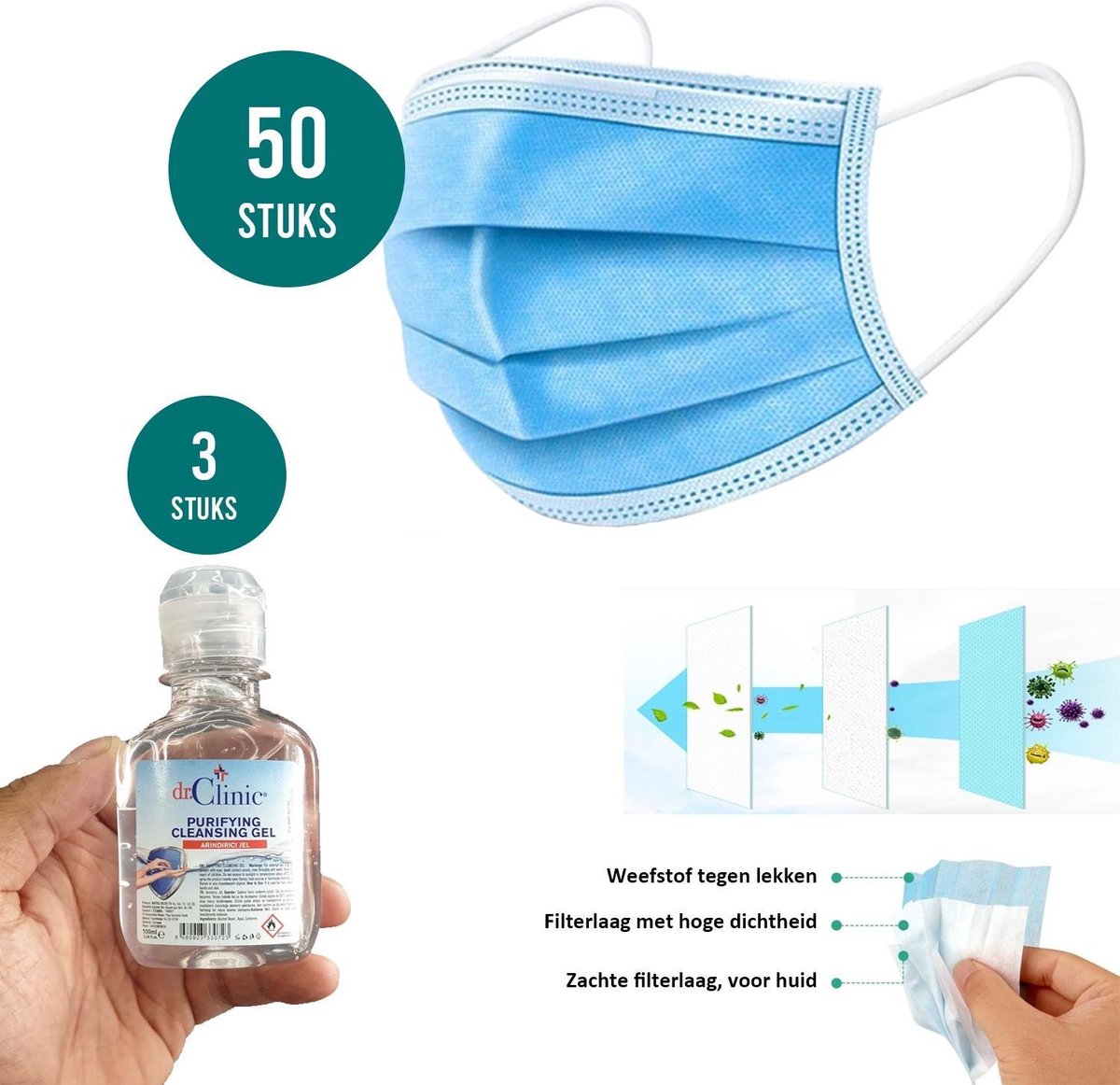 50 stuks 3-laags mondkapjes met 3 reinigende hygienische handgel van dr. Clinic | Niet-Medisch | Mond-en neusmaskers | Geschikt voor OV
