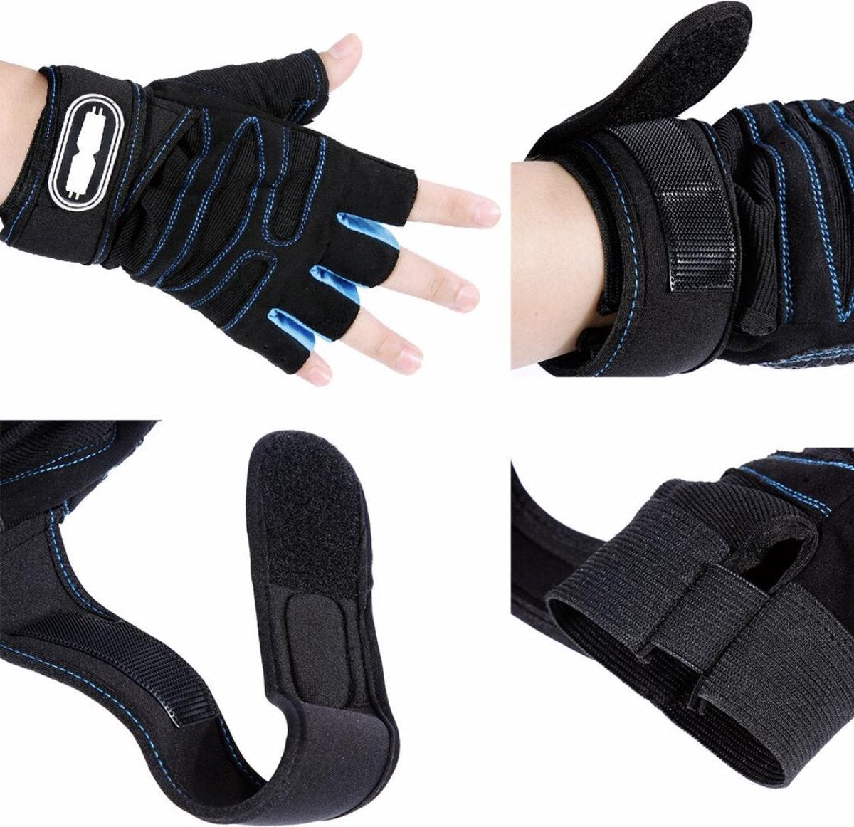 WiseGoods - Fitness / Crossfit Handschoenen met Klittenband Sluiting - Sport Workout Gloves - Unisex - L - 19-20cm - Zwart/Blauw