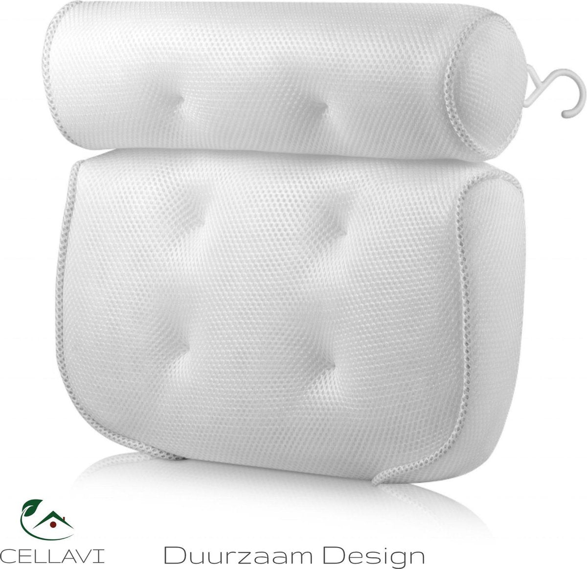 Cellavi® Badkussen voor in bad - Nekkussen - Rugkussen - Badkuip Kussen - Kussen voor in Bad - Badkussen met Zuignappen - Voor Nek en Rug - Rugpijn - Nekpijn - Comfortabel - Wasbaar - Wit