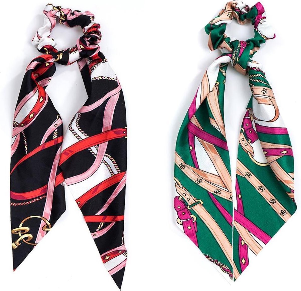 Dames scrunchies - elastische elastiek - haarband | Twee-delig | Trendy haar scrunchie met lintjes | Nek sjaaltje + scrunchie | Elegante print groen - paars - wit - goud | Dames haar Acessoires