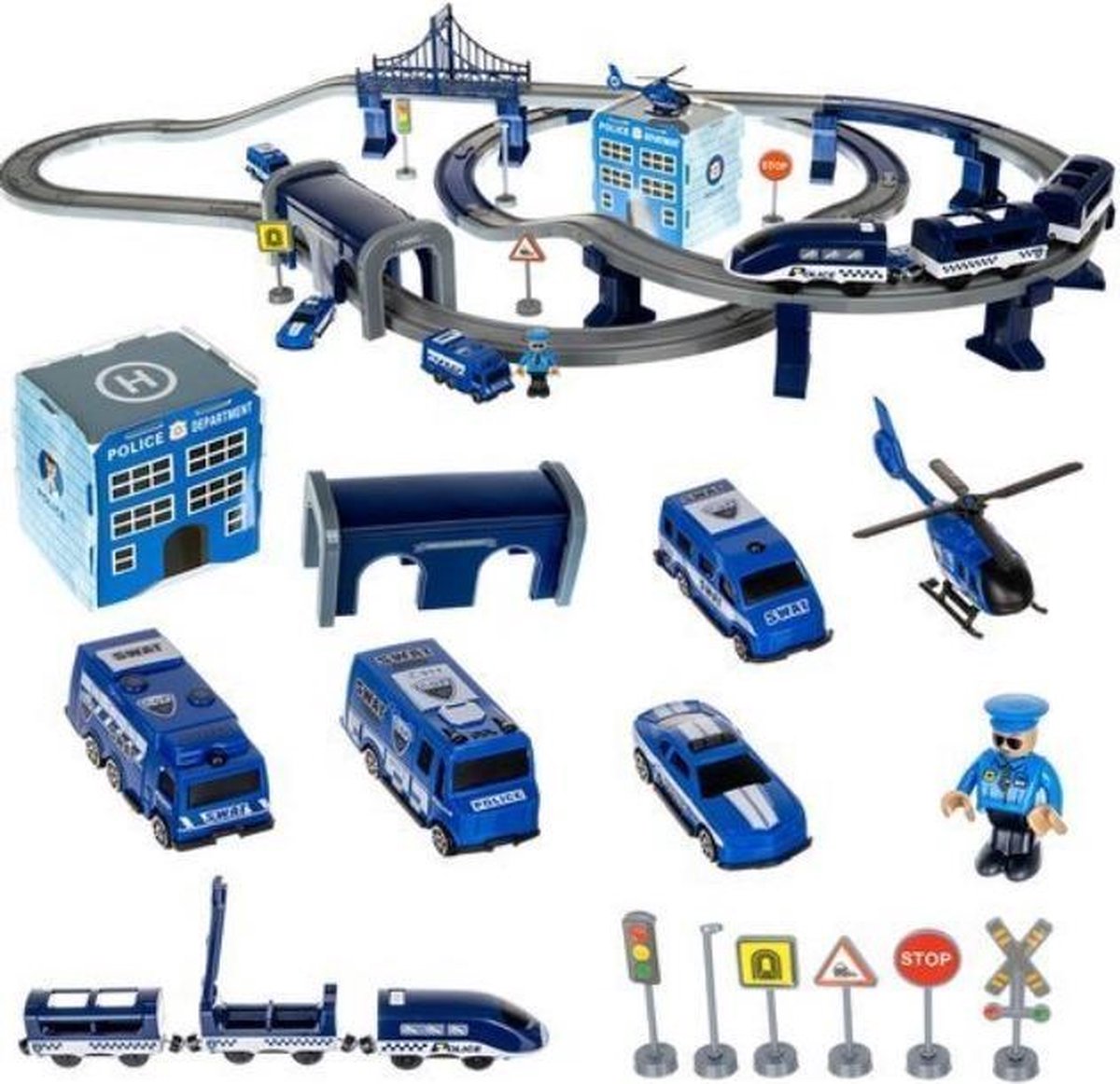 Elektrische Treinbaan - Politie - Racebaan - met veel accessoires 92 delig