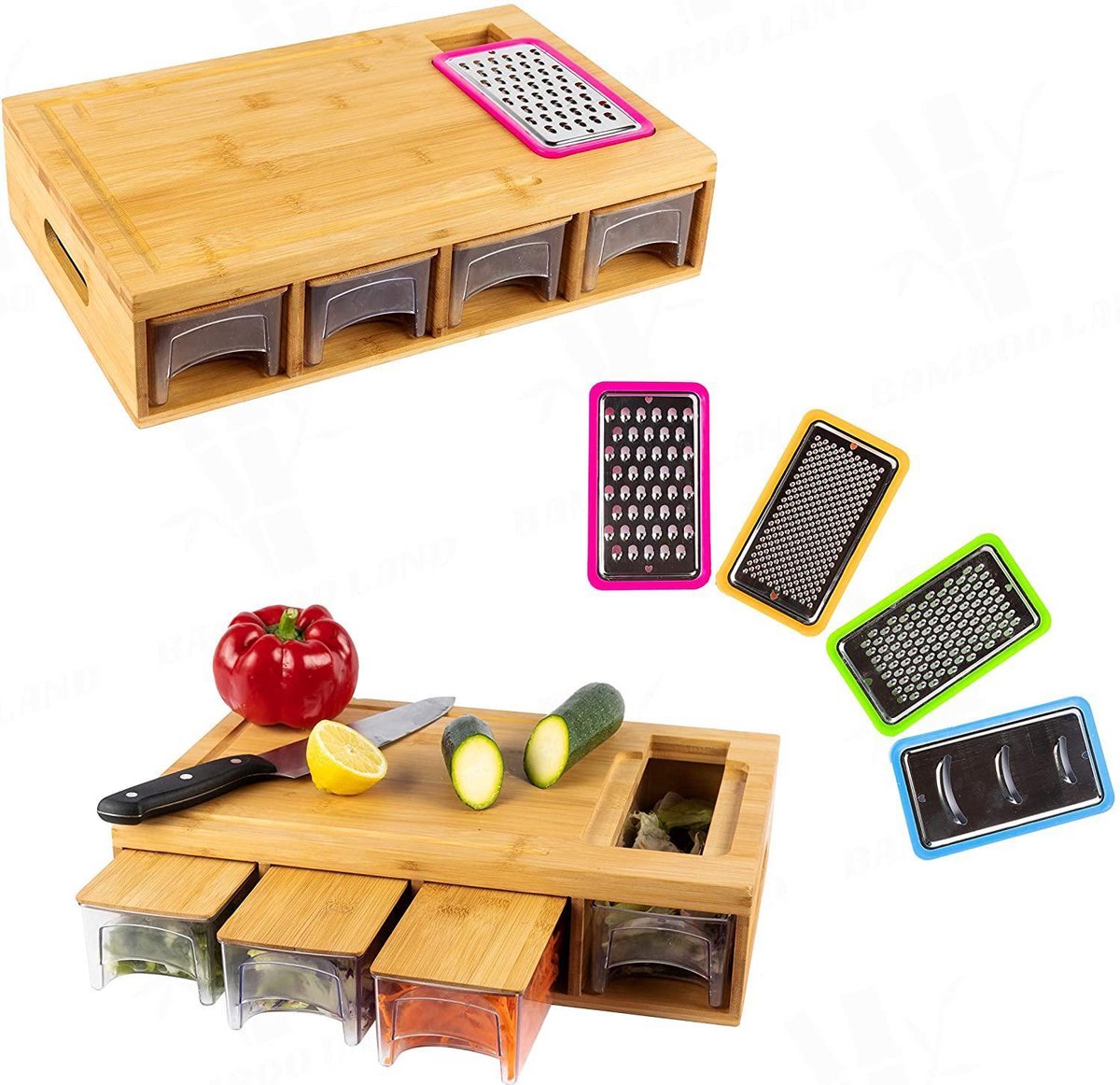 TammaT® Snijplank Hout - met opvangbakken - Bamboe snijplank - Met Rasp - Stapelbaar voorraadbakjes - keuken accessoires - Groentesnijder - Snijplank hout - BBQ