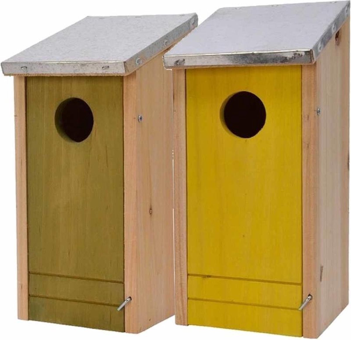 Set van 2 houten vogelhuisjes/nestkastjes met gele/groene voorzijde en metalen dakje 26 cm - Vogelhuisjes tuindecoraties