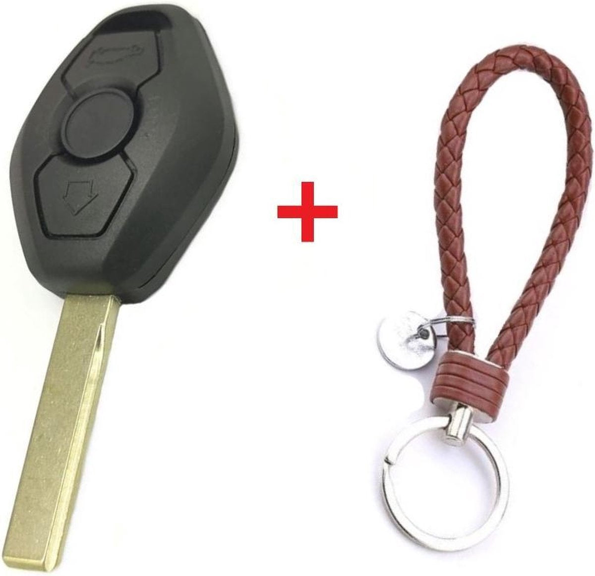 Autosleutel 3 knoppen DMT met HU92 sleutelblad sleutelbehuizing geschikt voor Bmw sleutel  3 / 5 / 6 / 7 Series Z3 / Z4 / X3 / X5 / Z8 bmw sleutel + gevlochten bruin PU-lederen sleutelhanger.