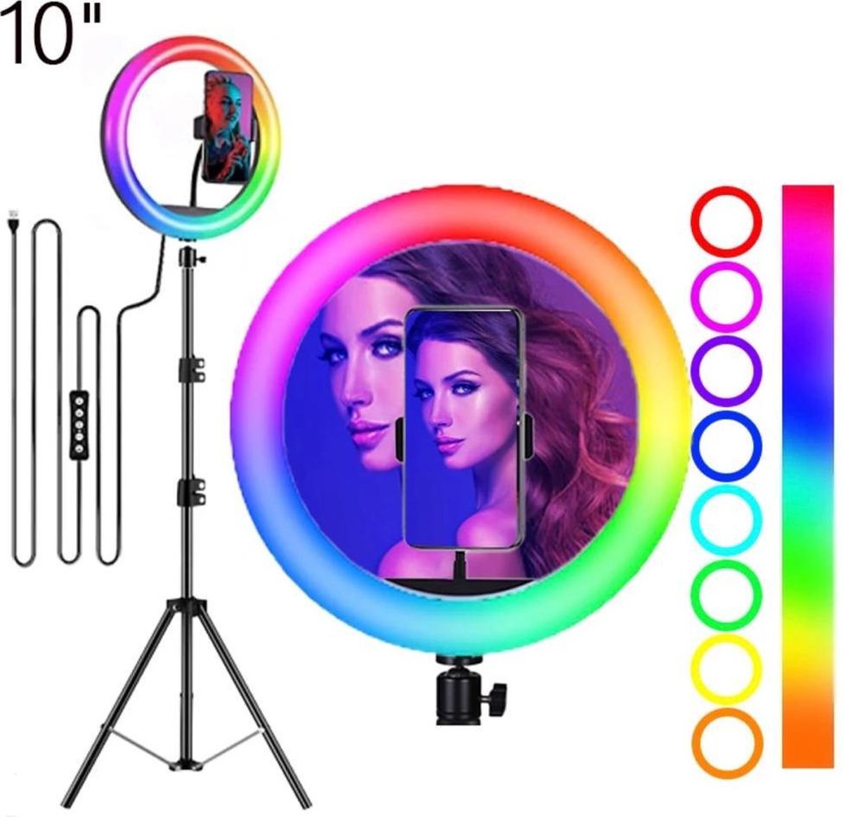 Selfie LED Ring Lamp 26Cm met Kleuren / RGB LED + Tripod - Statief Camera 210 CM hoog Inclusief Bluetooth afstandsbediening en Telefoonhouder Selfie - lamp -Ringlamp - Statief - Tik tok - flitser – Make up light – Studiolamp – Ring Light van HiCHiCO