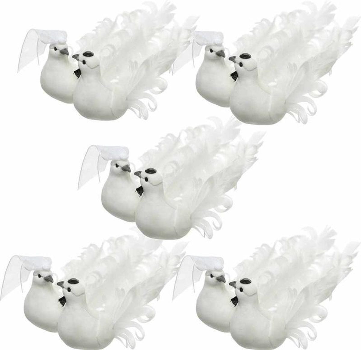 5x Witte duiven vogels trouwpaar decoratie 16 cm op clip - Bruiloft/huwelijk/trouwerij versieringen - Bruidstaart figuurtje
