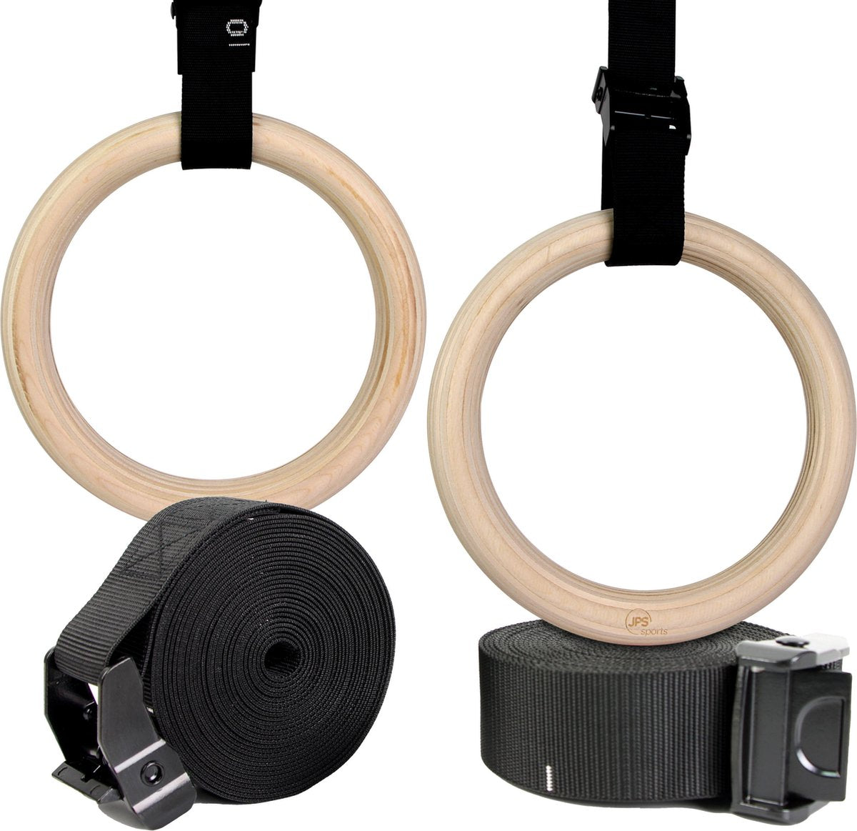 JPS Sports Houten Gym Ringen met Ophangbanden - Maataanduiding op banden - Turn Ringen - Gymnastiek Ringen - Crossfit / Fitness - 28mm Dikte