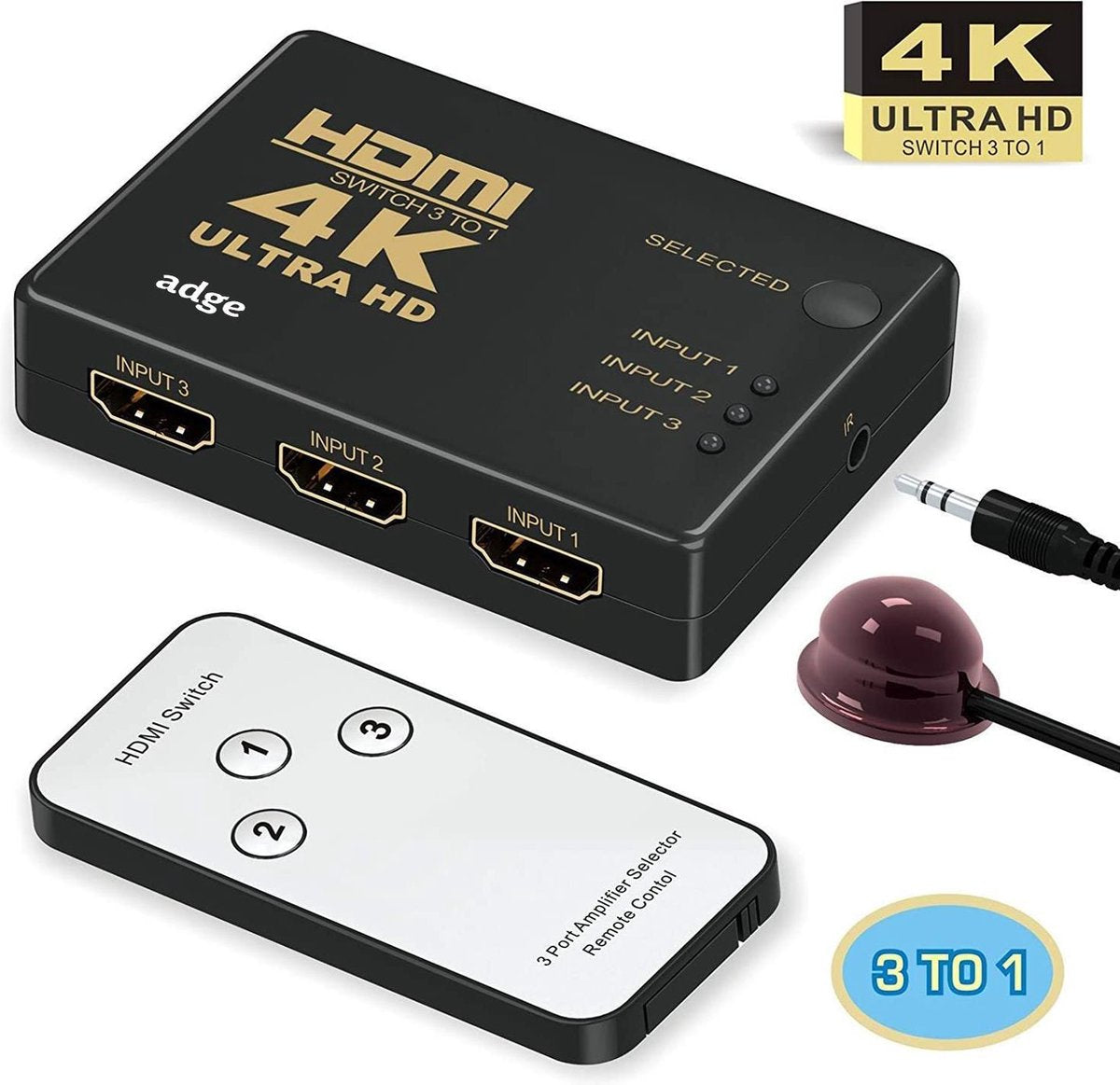 Adge - HDMI 3 in 1 Splitter + Afstandsbediening + Kabel - Full HD/4K Ultra - 4 k kwaliteit