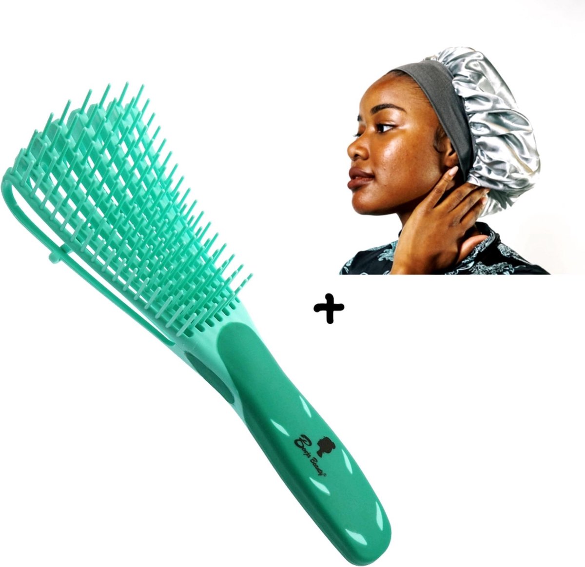 BenjaBeauty® Anti klit haarborstel|Inclusief BenjaBeauty® Satijnen slaapmuts|Haarverzorging|Satin bonnet|Groen