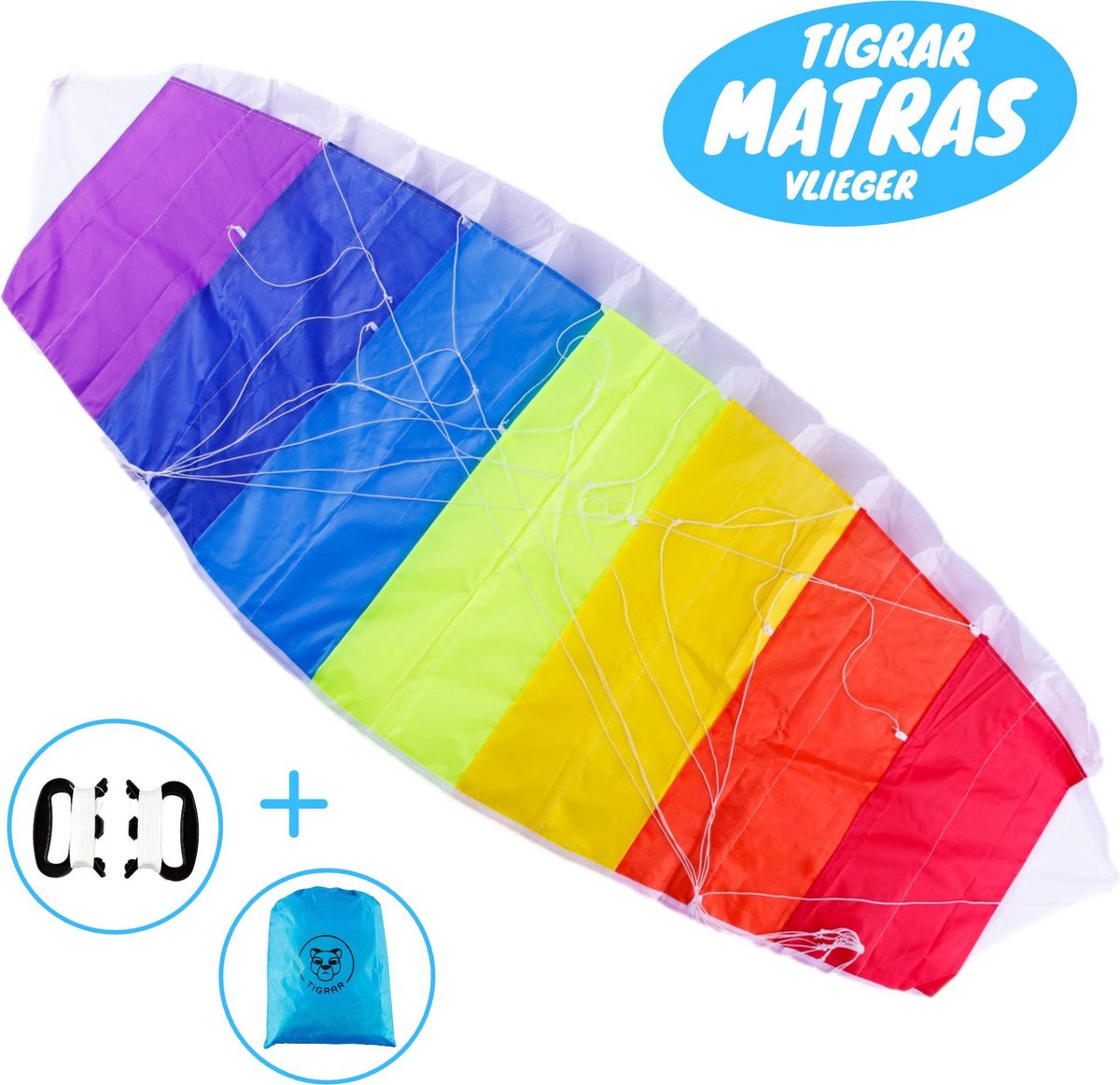 Tigrar - Matrasvlieger - Vliegers voor Kinderen - 1.4 Meter XXL Vlieger - 30 meter lijn - Regenboog Stuntvlieger