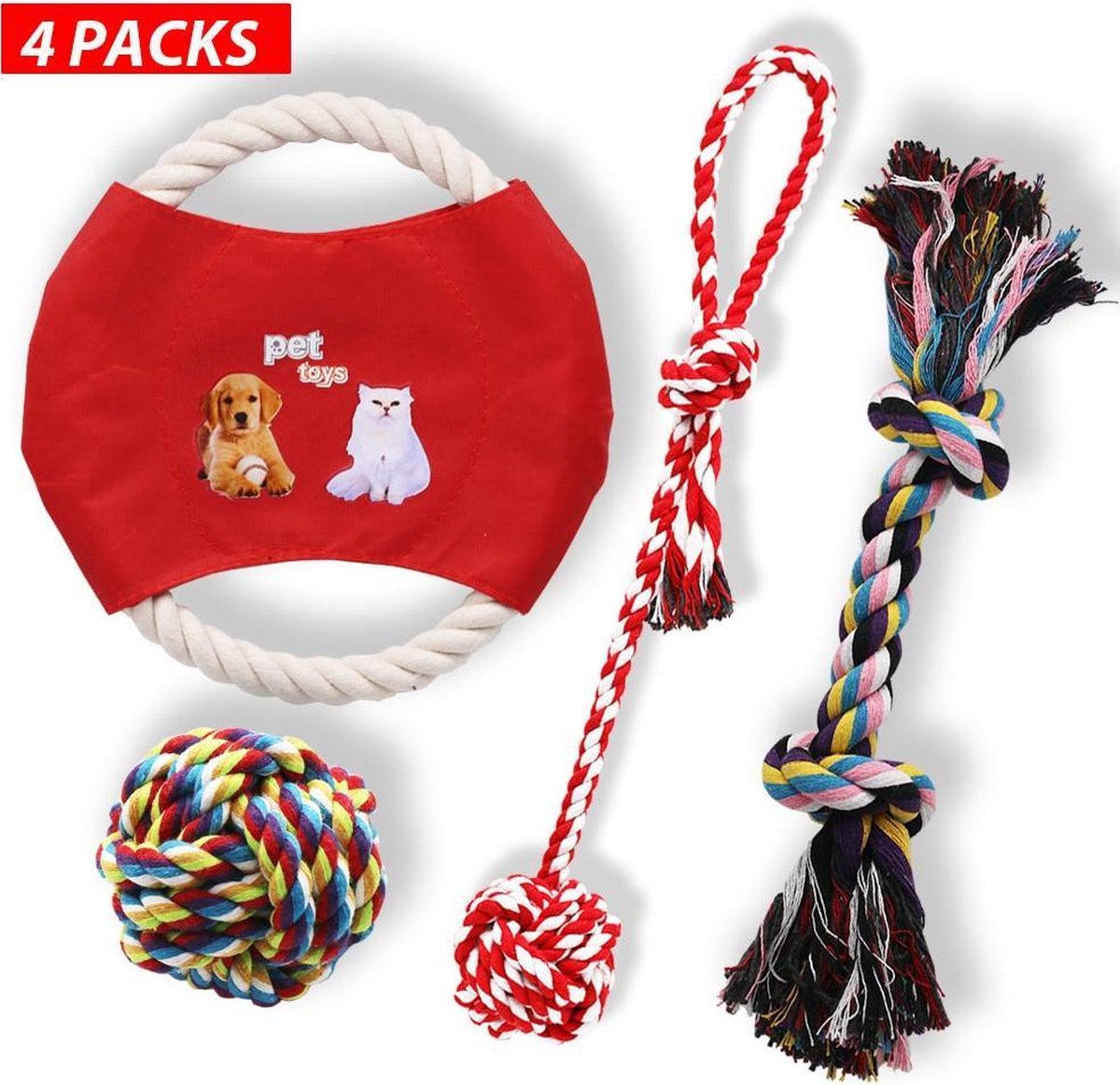 Hondenspeelgoed set van 4 stuks | Frisbee |  Flostouw | Trektouw | Speelbal | Knuffel | Geschikt voor alle honden | Puppy | Kleine hond | Grote hond | Speelgoed hondje | Hondenspeeltjes intelligentie | Honden speelgoed interactief | AAA Kwaliteit |