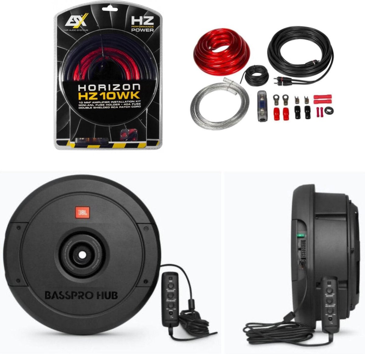 JBL Basspro HUB 400W MAX reservewiel subwoofer + aansluitkabel set ESX HZ10WK KabelKit + BassRemote