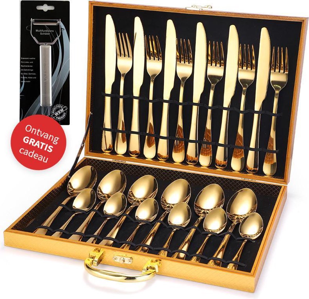 TDR - Roestvrijstalen bestek set -  24 delig  - inclusief koffer - Gouden + gratis cadeau
