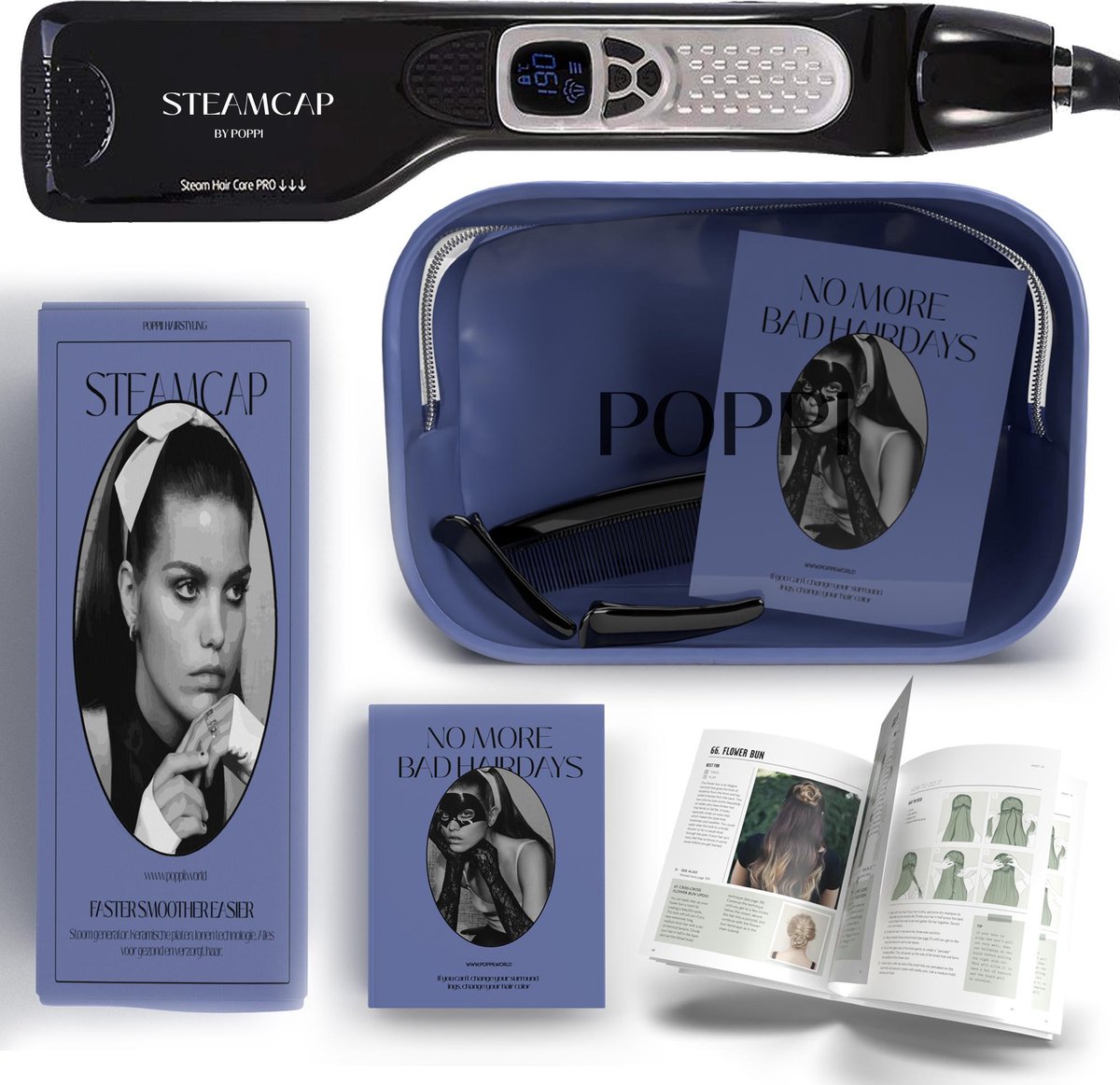 POPPI Keramische Steamcap - Steampod met Kerastase Elixer 100ML - incl. Reistas - Stoom stijltang - Steampod - Extra Brede Verwarmingsplaat - Uitschuifbare Kam - Zwart