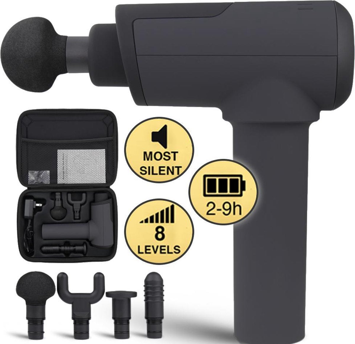 Stille massage gun | 8 snelheden | tot 9 uur Langdurige batterij |  sterktes levels standen | 4 opzetstukken incl. luxe koffer pistool apparaat en 1 jaar garantie