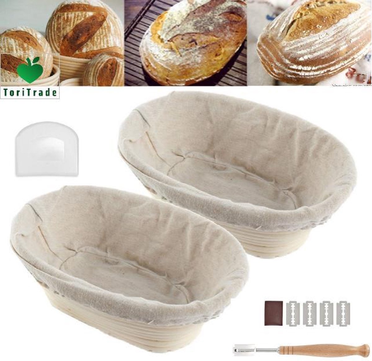 ToriTrade 2 STKS Rijsmandje Ovaal -incl. Deegkleed-Deegmes -Deegkrabber- Zuurdesembrood-Brood Banneton - Proofing Rattan Bask- Opbergmanden