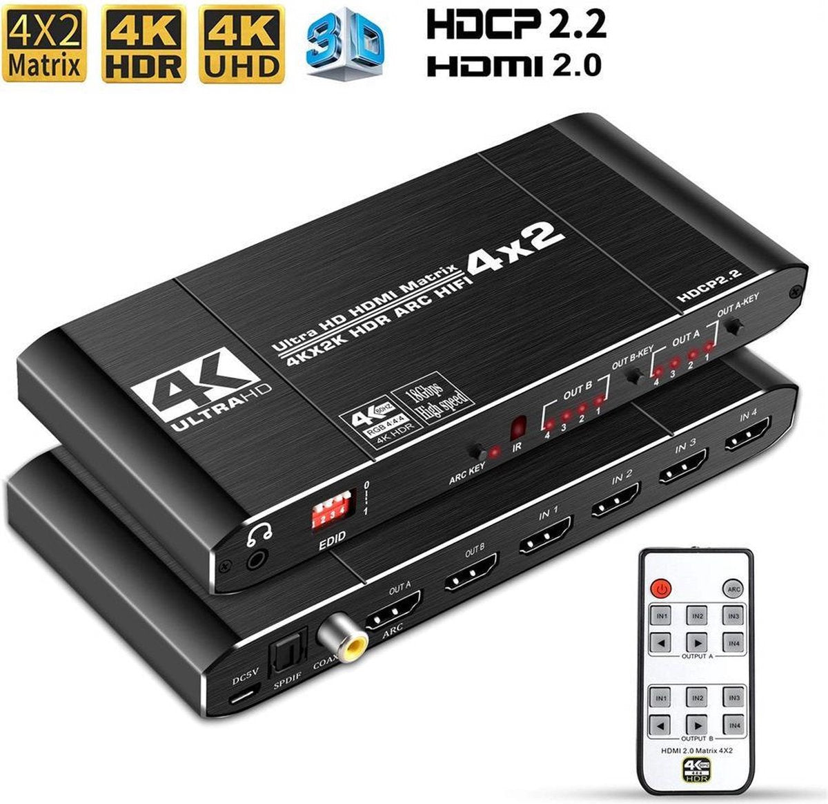 SBVR J2 | HDMI 4 x 2 Matrix - Switcher & Splitter incl. Afstandsbediening | 4 in 2 uit | 3D | 4K@60 Hz (4:4:4) | HDCP 2.2 | Ondersteunt ARC / MHL