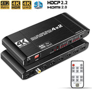 SBVR J2 | HDMI 4 x 2 Matrix - Switcher & Splitter incl. Afstandsbediening | 4 in 2 uit | 3D | 4K@60 Hz (4:4:4) | HDCP 2.2 | Ondersteunt ARC / MHL
