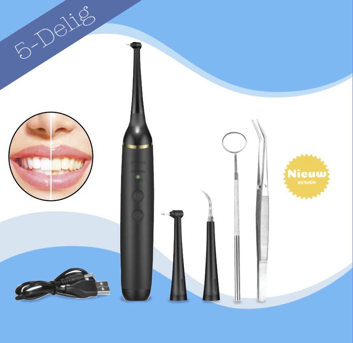 VoordeelShop Elektrische Tandsteen Verwijderaar + 2 Tandards Instrumenten  - Tandsteen - Tanden bleken - Witte tanden - Teeth whitening -  Oplaadbaar - 3 Opzetstukken - Tandplak Verwijderaar - Met LED verlichting