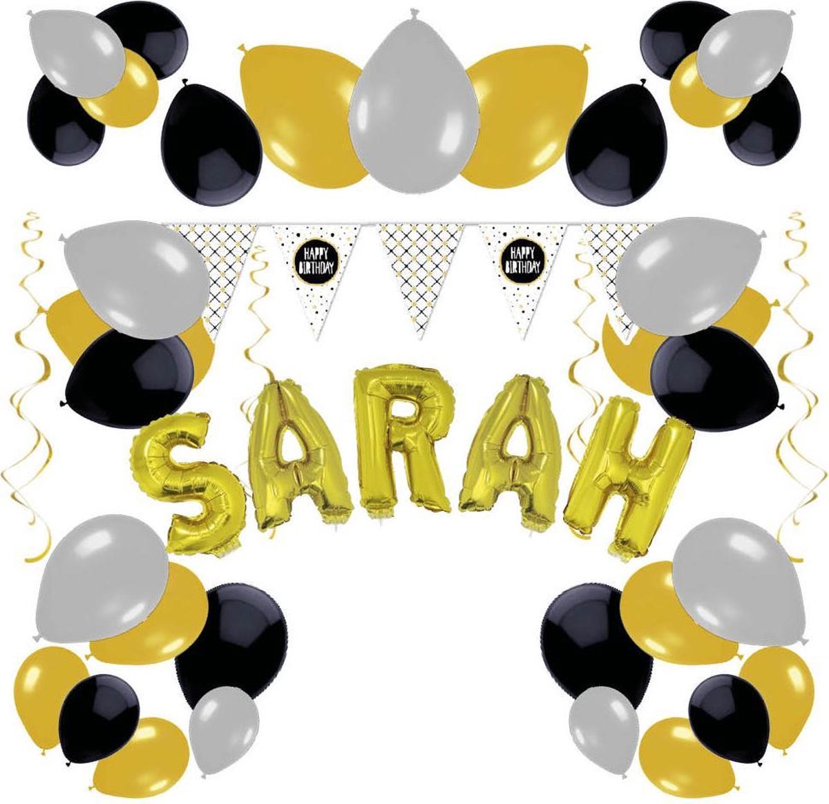 e-Carnavalskleding.nl Feestversiering pakket Sarah 50 jaar | Versiering Sarah 50 jaar feest | Sarah 50e verjaardag feestversiering | Leuk pakket Sarah goud/zwart met feestartikelen voor de Sarah Medium