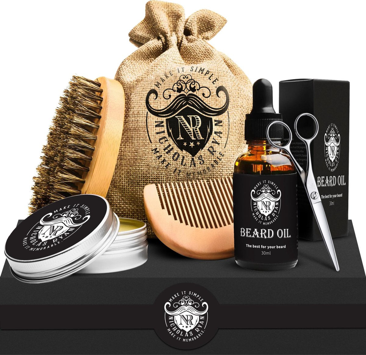 5-delige Luxe Baardverzorgings set voor mannen – Baardolie – Bevorder Baardgroei – Baardkam – Baarden set – Baardgroei olie – Baardgroei en verzorging kit – Baard schaar – Mannen cadeaus – Giftset – Kerst – Biologische baardolie – Baardbalsem