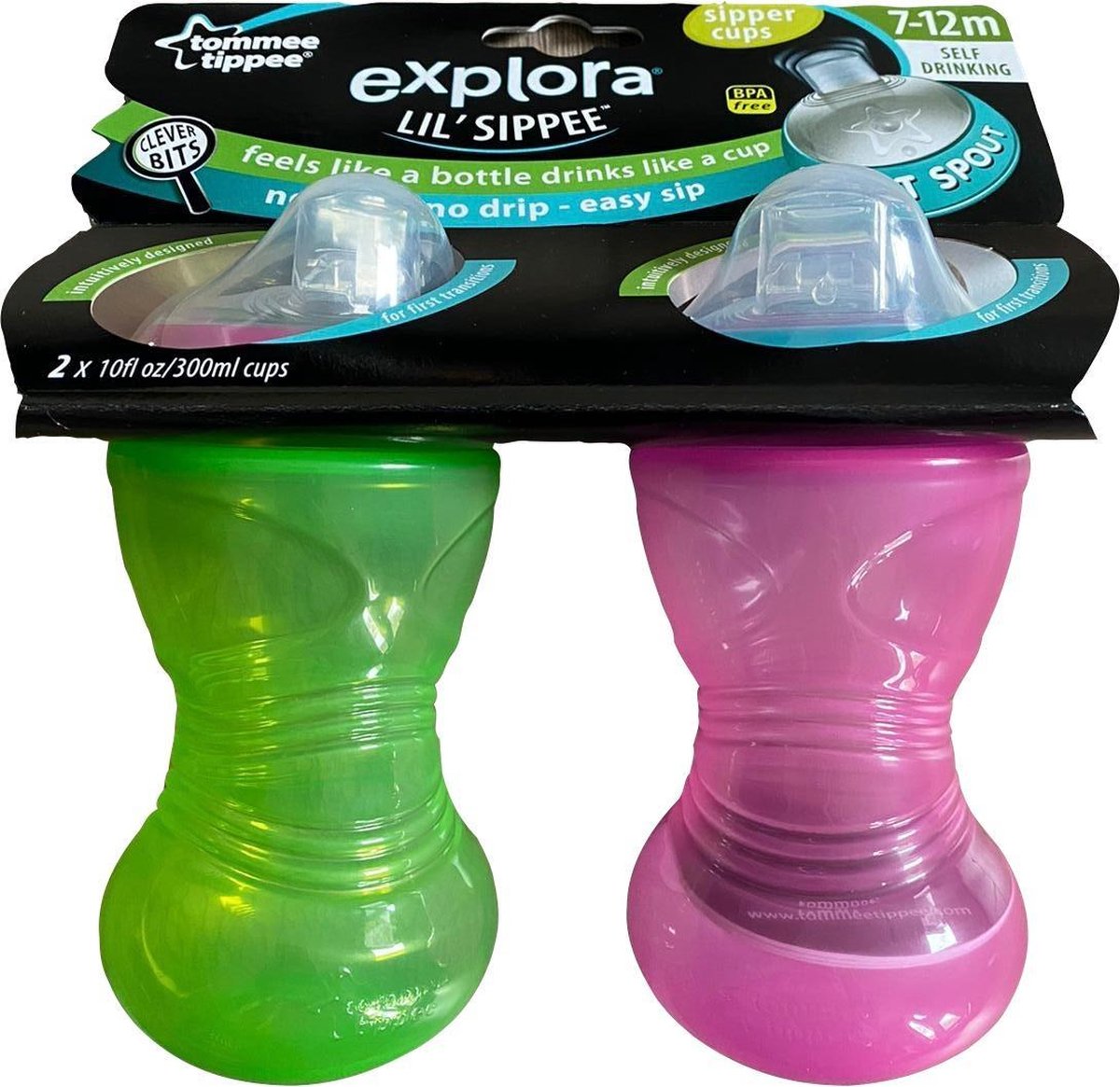 Tommee Tippee anti-lek bekers 2 x 300 ML. Groen/roze.