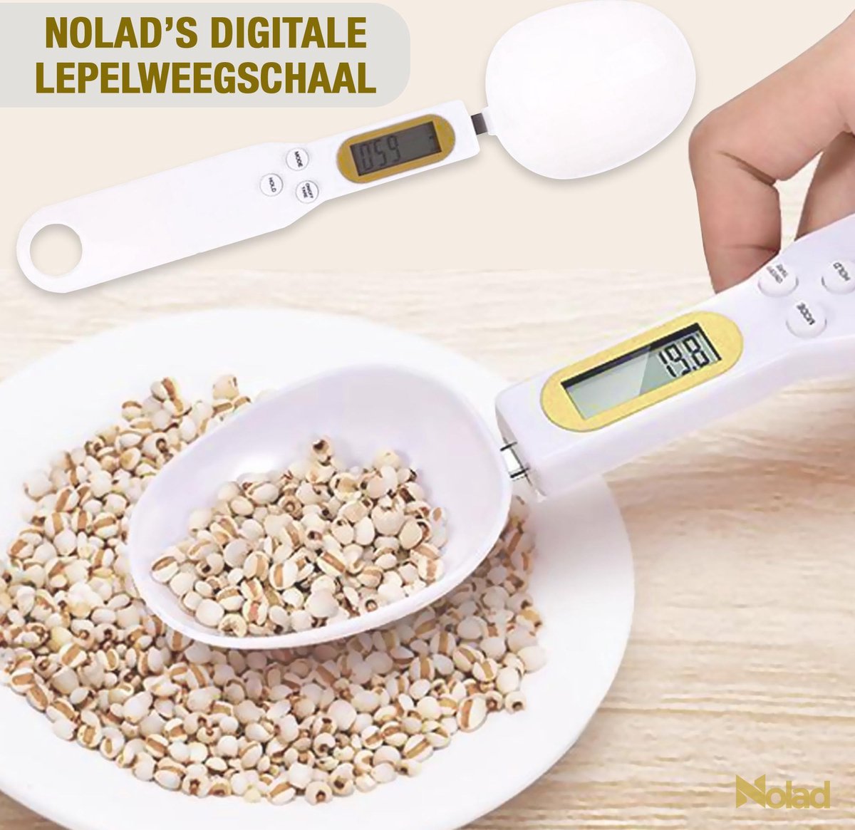 Nolad® Keukenweegschaal| kook weegschaal| digitale precisie weegschaal Maatlepel| Lepelweegschaal| Digitale Lepel weegschaal| Digitale maatlepel| Dierenvoeding weegschaal| 0.1 tot 500 gram| Wit