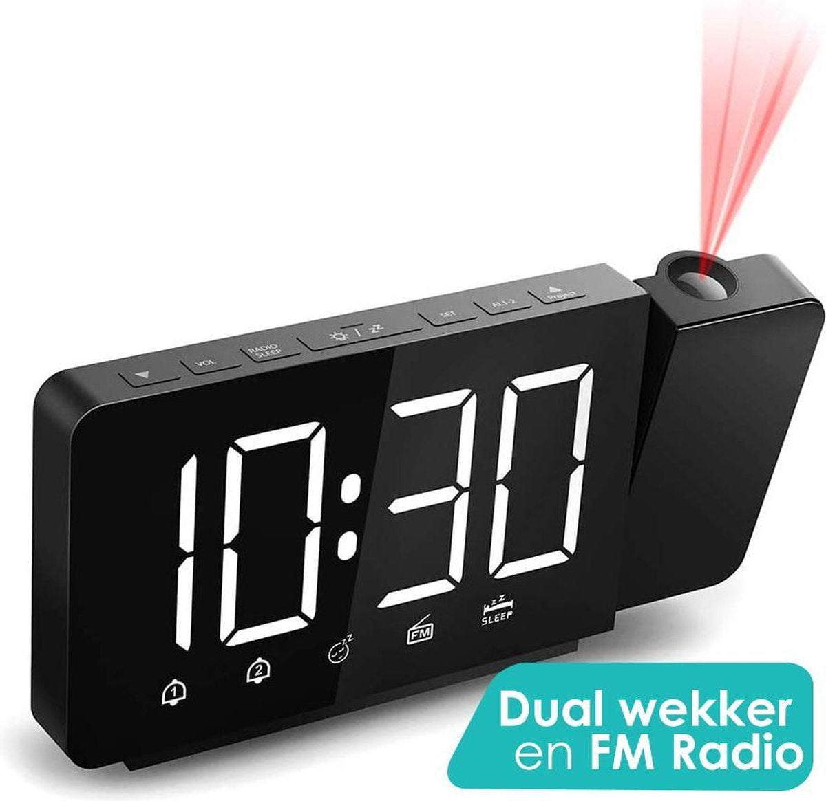 Wekkerradio met Projectie en Dubbele Wekker - Digitale wekker met FM Radio - Projectie klok - Incl. Batterij
