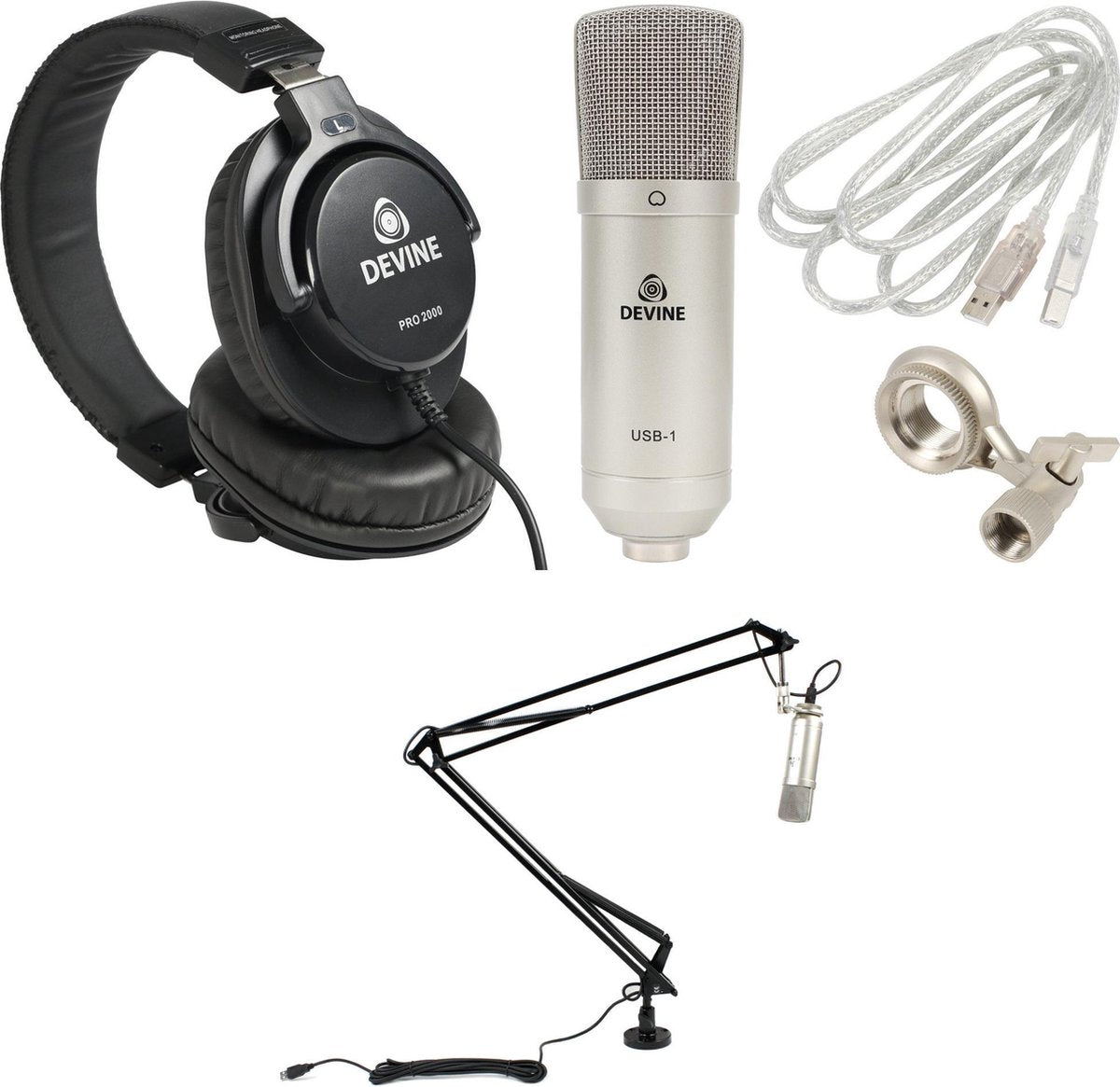 De Devine USB-1 Podcast Bundel omvat om te beginnen de USB-1 usb-microfoon van Devine. Daarnaast zijn de IVA 08 broadcast microfoonarm en de Devine Pro 2000 hoofdtelefoon ook inbegrepen.