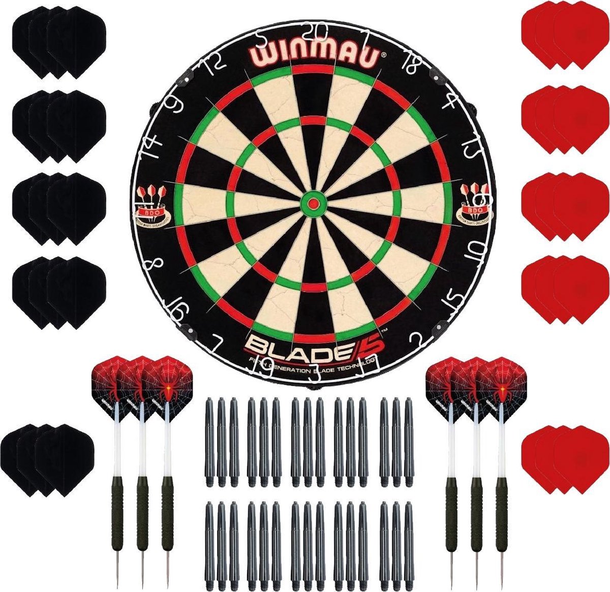 Winmau Blade 5 - dartbord - plus 2 sets - dartpijlen - plus 30 - dartflights - plus 30 - dartshafts - cadeauset