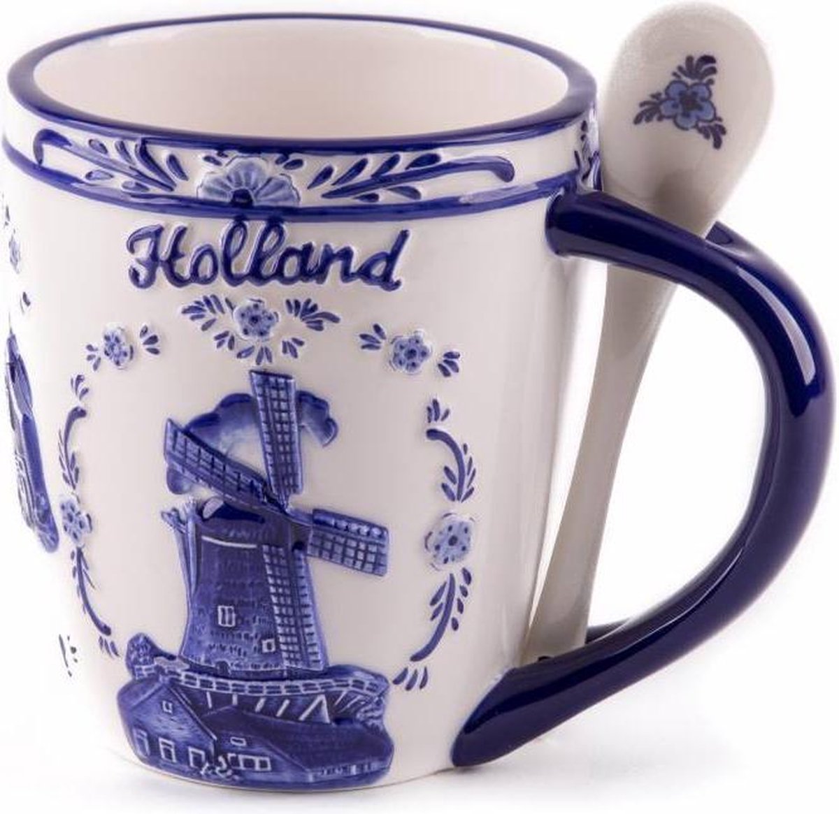 Delfts Blauw Embossed Beker Lepel Molens Holland - Souvenir