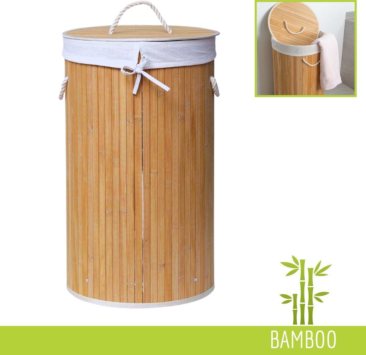 Bamboe wasmand 65L - Bamboo - Rond - Luxe wasmand - Wassorteerder - Inclusief zak - Natuur
