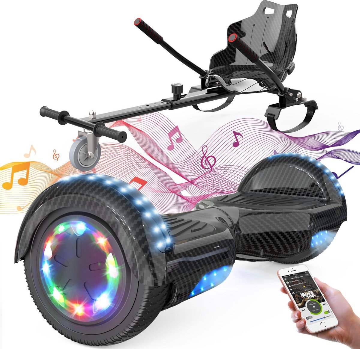 Evercross Hoverboard 6.5 Inch | Flits Wielen | Bluetooth Speaker | LED verlichting | Koolzwart + Hoverkart Zwart